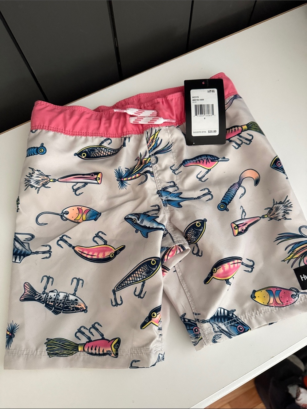 Boys' Light Gray Swim Trunks with Pink Waistband and Fishing Lure Print